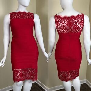 Tadashi Shoji Women's Size L Red Lace Embroidered Pintuck Bodycon Sheath Dress